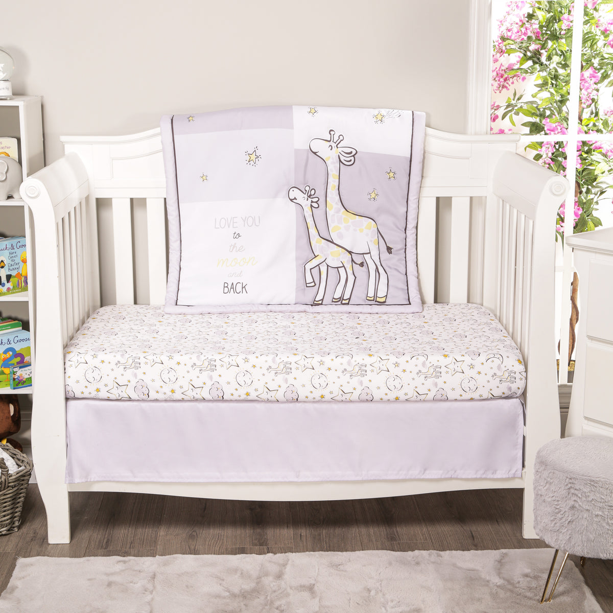 Everyday Kids 3 Piece Crib Set, Gray and Yellow Stars and Moon Nursery Bedding with Quilt, Dust Ruffle and Fitted Sheet