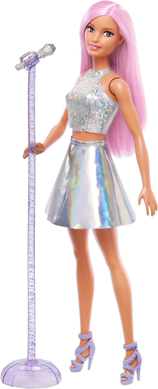 Barbie Pop Star Doll with Iridescent Skirt, Microphone, and Pink Hair – Gift for Kids Ages 3–7