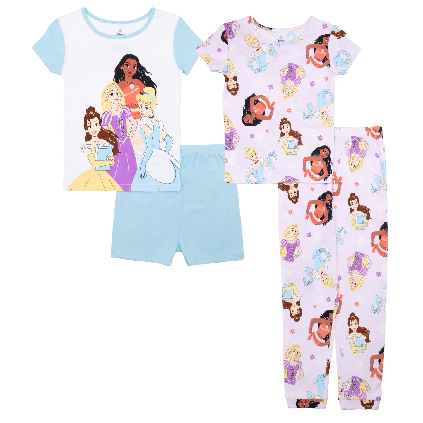 Disney Princess Toddler Girls 4-Piece Pajama Set – Short Sleeve Tops, Shorts and Pants Mix and Match Sleepwear