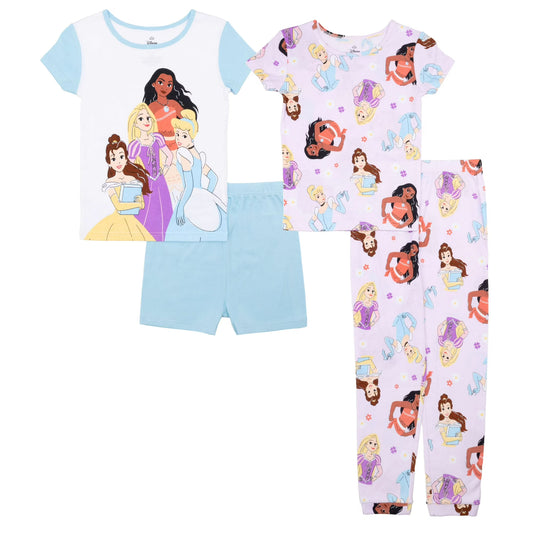 Disney Princess Toddler Girls 4-Piece Pajama Set – Short Sleeve Tops, Shorts and Pants Mix and Match Sleepwear