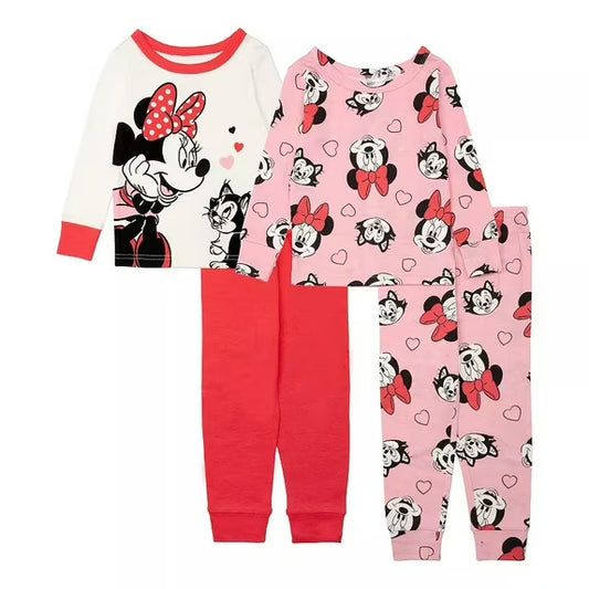 Disney Minnie Mouse and Figaro Toddler Girls 4-Piece Pajama Set – Short and Long Sleeve Character Sleepwear