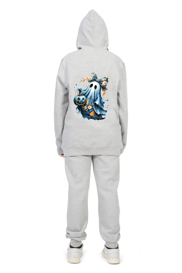 Everyday Kids “Coquette Ghost” Halloween Zip Up Hoodie – Cute Floral Bow Ghost with Pumpkin Lantern – Cozy Fall Sweatshirt for Girls, Heather Gray