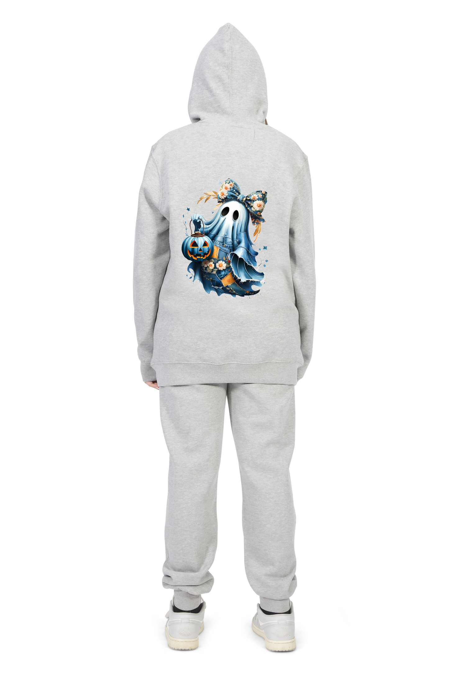 Everyday Kids “Coquette Ghost” Halloween Pullover Hoodie – Cute Floral Bow Ghost with Pumpkin Lantern – Cozy Fall Sweatshirt for Girls, Heather Gray