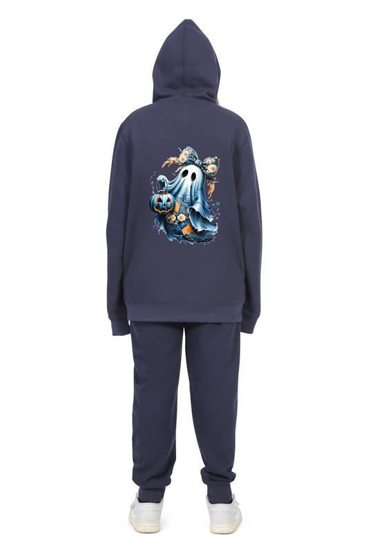 Everyday Kids “Coquette Ghost” Halloween Pullover Hoodie – Cute Floral Bow Ghost with Pumpkin Lantern – Cozy Fall Zip-Up Sweatshirt for Girls, Navy