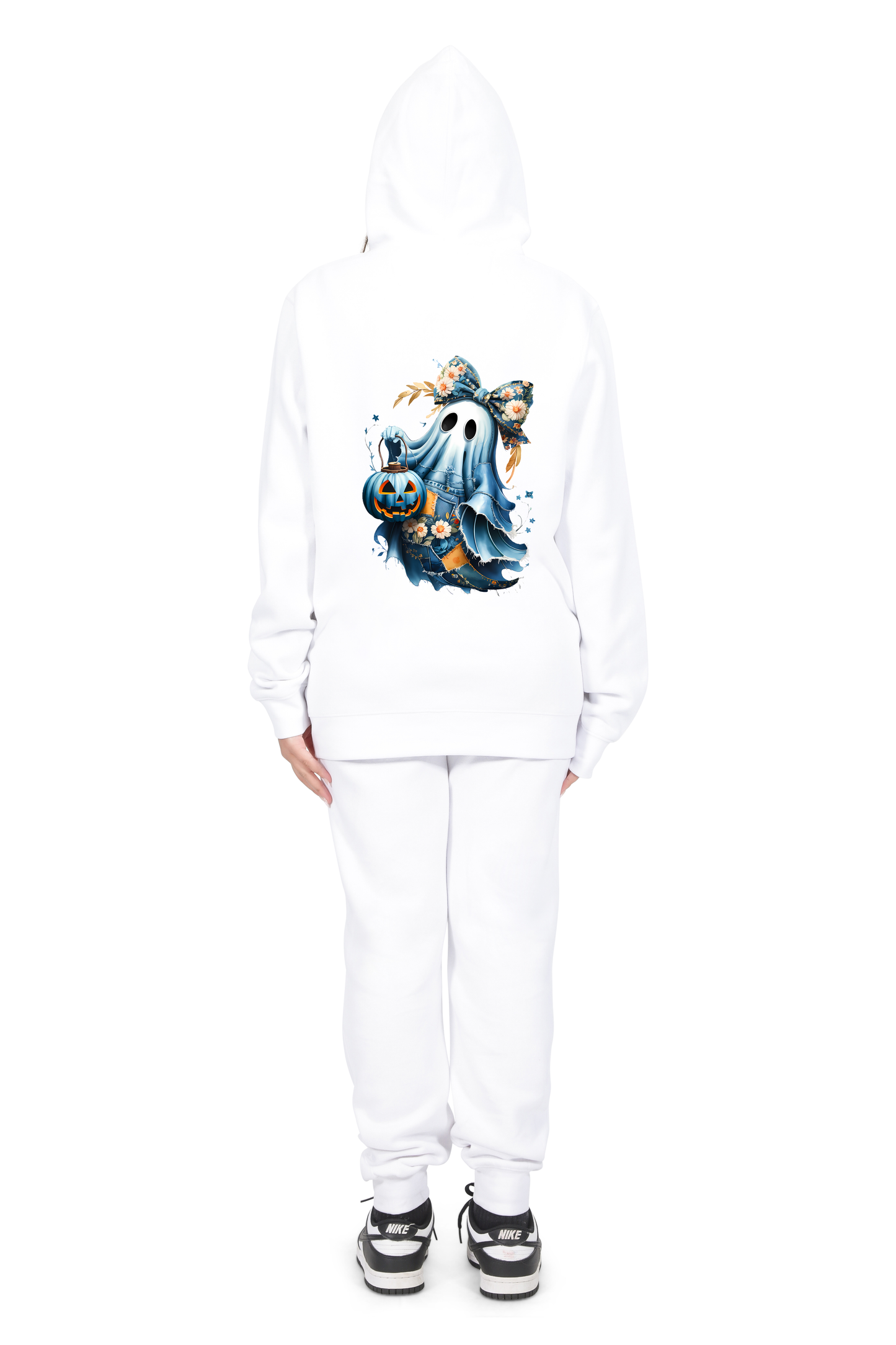 Everyday Kids “Coquette Ghost” Halloween Zip Up Hoodie – Cute Floral Bow Ghost with Pumpkin Lantern – Cozy Fall Sweatshirt for Girls, White