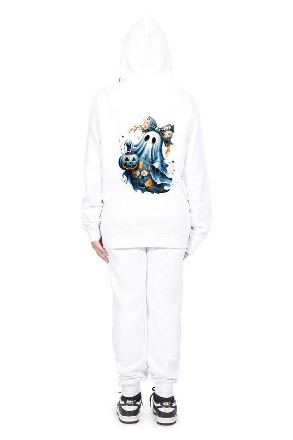 Everyday Kids “Coquette Ghost” Halloween Zip Up Hoodie – Cute Floral Bow Ghost with Pumpkin Lantern – Cozy Fall Sweatshirt for Girls, White