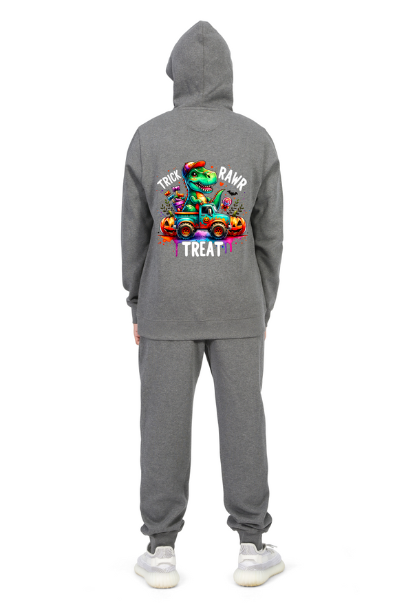 Everyday Kids “Trick RAWR Treat” Dinosaur Halloween Hoodie – Cute T-Rex Truck Graphic with Pumpkins & Candy – Fun Fall Zip-Up Sweatshirt for Boys, Charcoal Gray