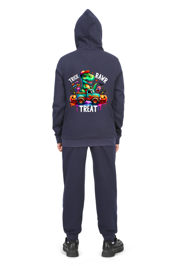 Everyday Kids “Trick RAWR Treat” Dinosaur Halloween Hoodie – Cute T-Rex Truck Graphic with Pumpkins & Candy – Fun Fall Zip-Up Sweatshirt for Boys, Navy