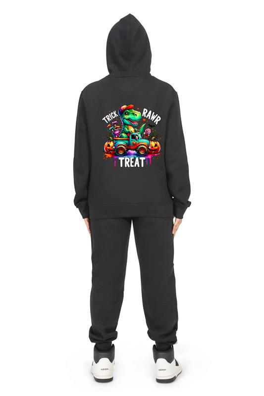 Everyday Kids “Trick RAWR Treat” Dinosaur Halloween Hoodie – Cute T-Rex Truck Graphic with Pumpkins & Candy – Fun Fall Pullover Sweatshirt for Boys, Black