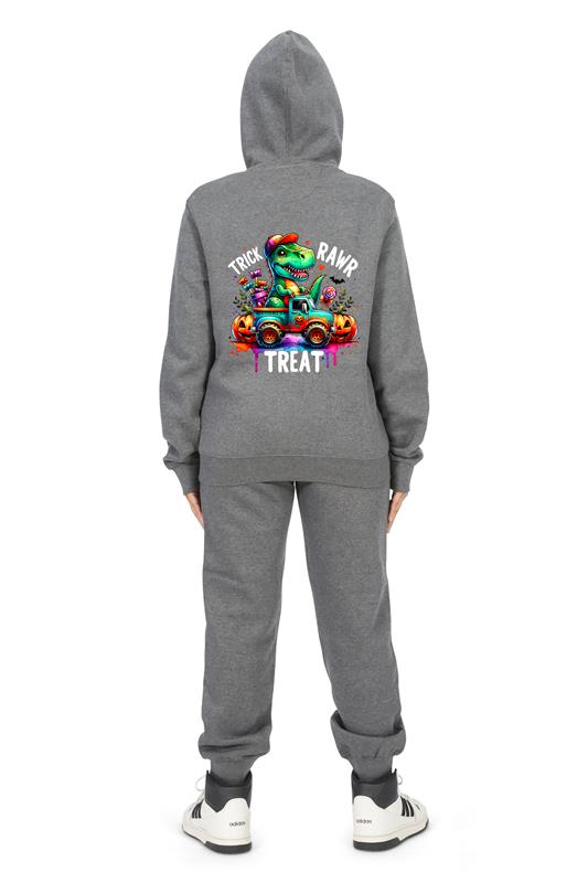 Everyday Kids “Trick RAWR Treat” Dinosaur Halloween Hoodie – Cute T-Rex Truck Graphic with Pumpkins & Candy – Fun Fall Pullover Sweatshirt for Boys, Charcoal Gray