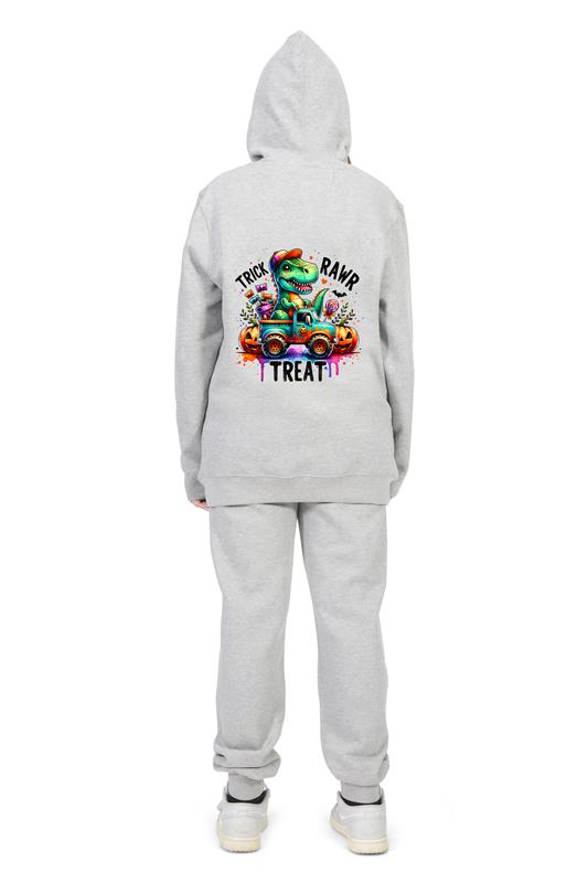 Everyday Kids “Trick RAWR Treat” Dinosaur Halloween Hoodie – Cute T-Rex Truck Graphic with Pumpkins & Candy – Fun Fall Zip-Up Sweatshirt for Boys, Heather Gray