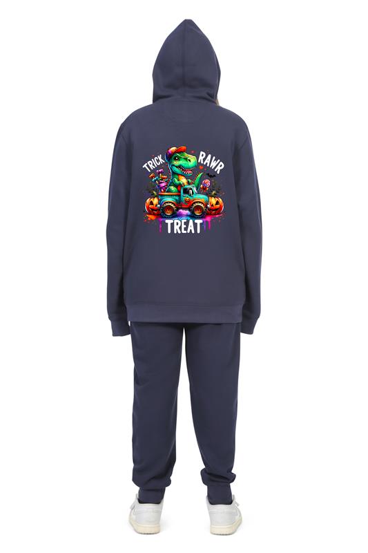 Everyday Kids “Trick RAWR Treat” Dinosaur Halloween Hoodie – Cute T-Rex Truck Graphic with Pumpkins & Candy – Fun Fall Zip-Up Sweatshirt for Boys, Navy