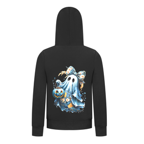 Everyday Kids “Coquette Ghost” Halloween Pullover Hoodie – Cute Floral Bow Ghost with Pumpkin Lantern – Cozy Fall Sweatshirt for Girls, Black