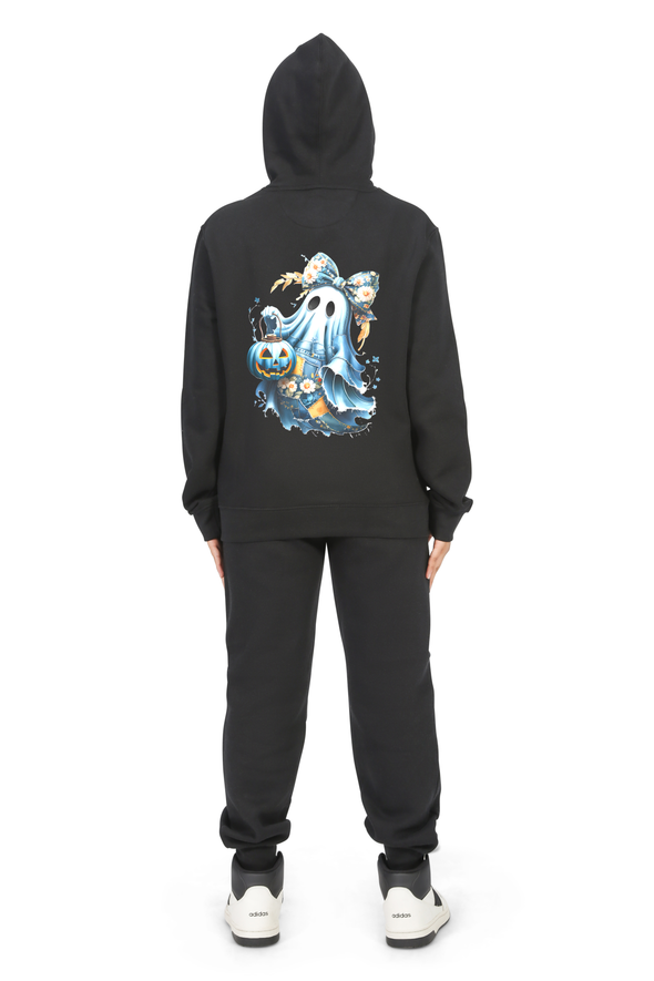 Everyday Kids “Coquette Ghost” Halloween Pullover Hoodie – Cute Floral Bow Ghost with Pumpkin Lantern – Cozy Fall Sweatshirt for Girls, Black