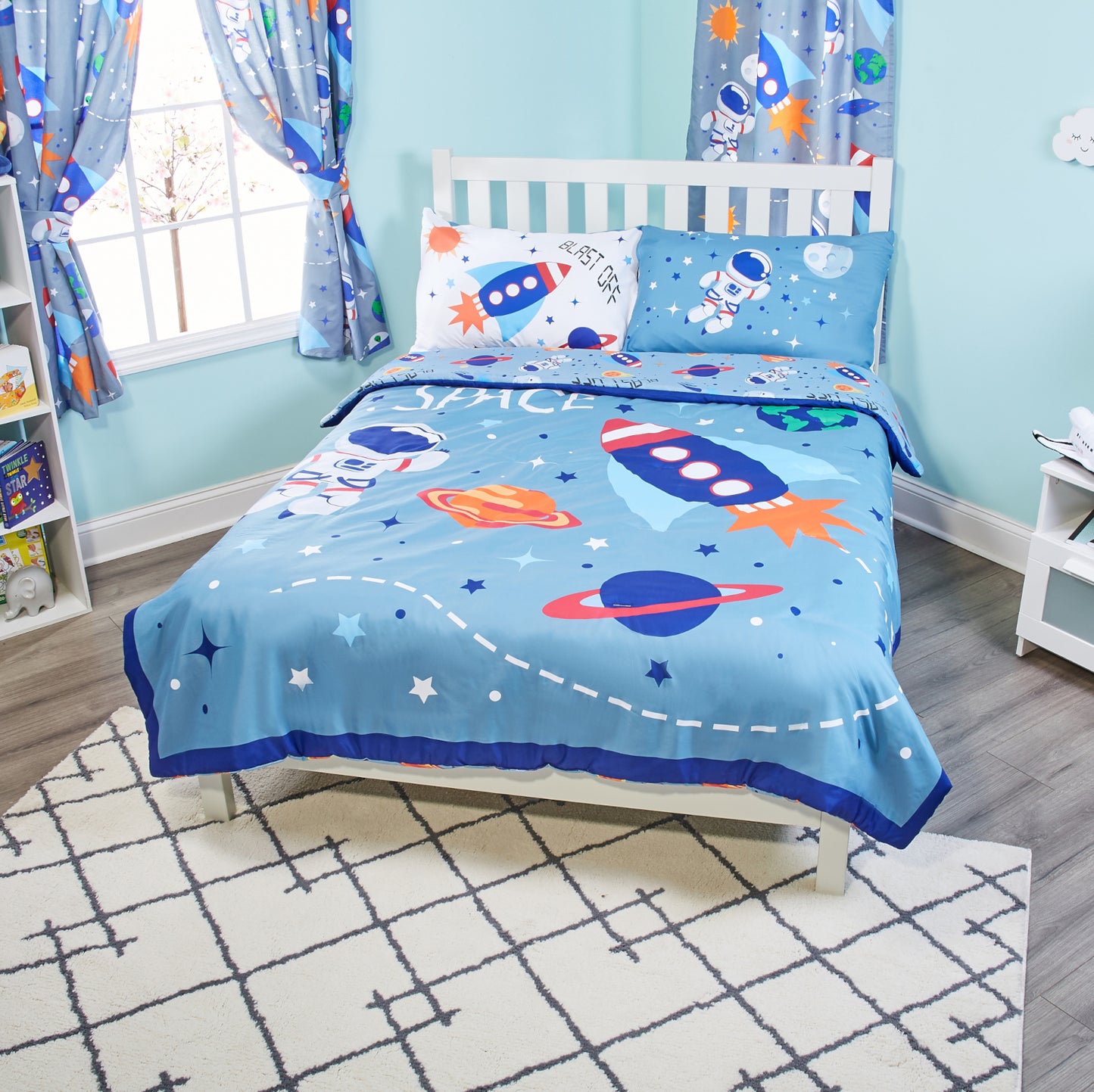 Everyday Kids Outer Space Twin/Full Size Bed Comforter with a Rocket and Planets; All Season Orange, Red and Blue Comforter