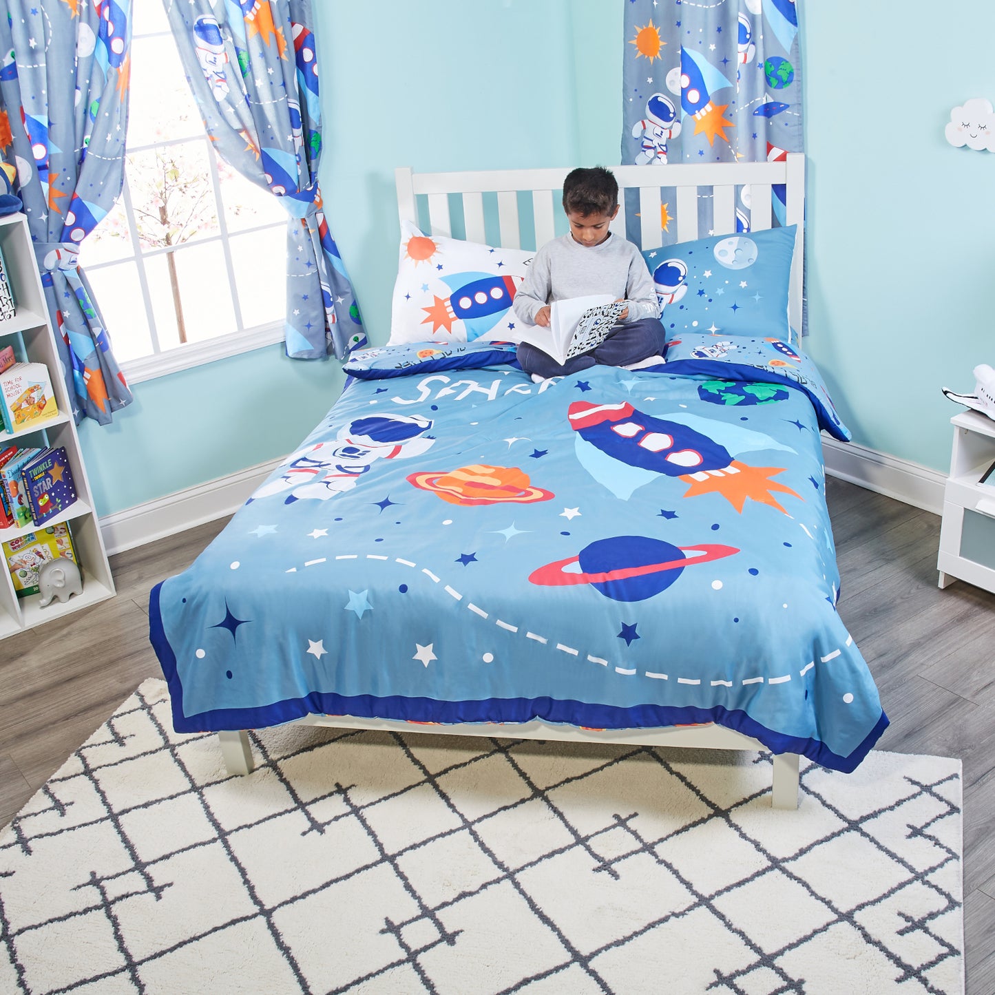 Everyday Kids Outer Space Twin/Full Size Bed Comforter with a Rocket and Planets; All Season Orange, Red and Blue Comforter