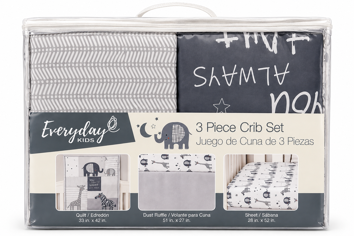 Everyday Kids 3 Piece Crib Set with Quilt, Dust Ruffle and Fitted Crib Sheet, Gray and White Elephant Giraffe Zebra Nursery Bedding