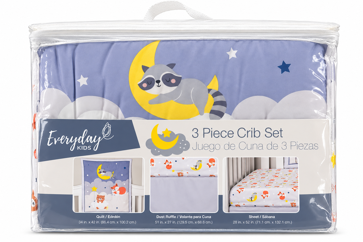 Everyday Kids 3 Piece Crib Set with Quilt, Dust Ruffle and Sheet, Raccoon Moon and Stars Nursery Bedding, Blue and Gray