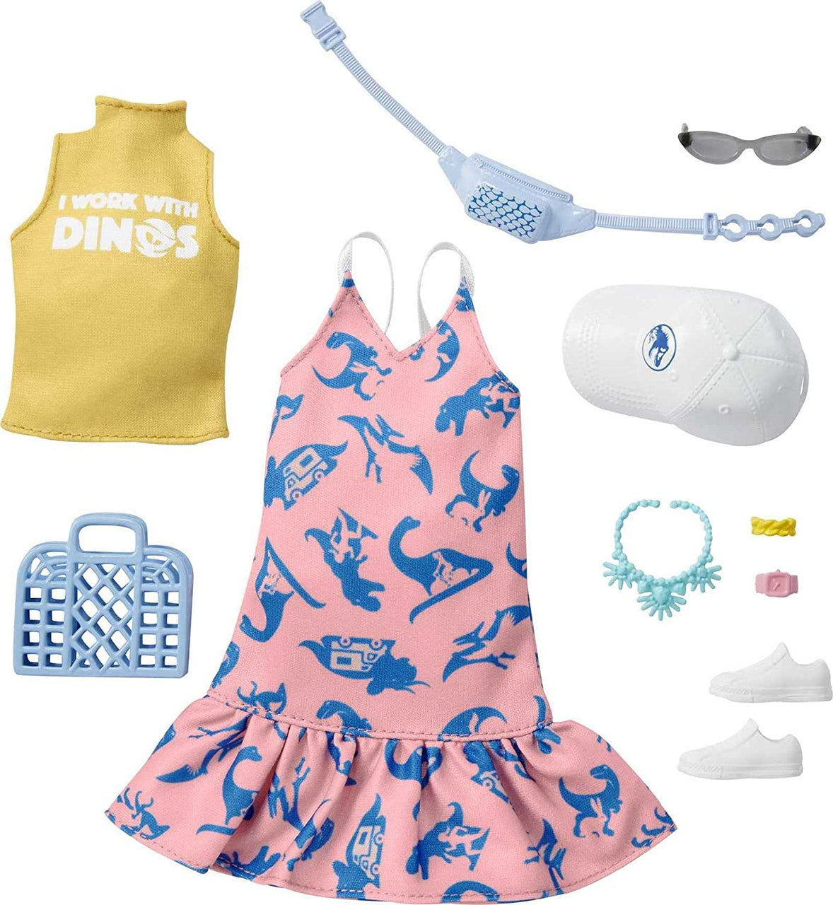 Barbie Jurassic World Storytelling-Pink Dress with Dinosaur, Yellow Shirt