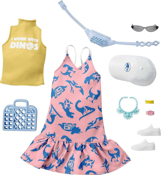 Barbie Jurassic World Storytelling-Pink Dress with Dinosaur, Yellow Shirt