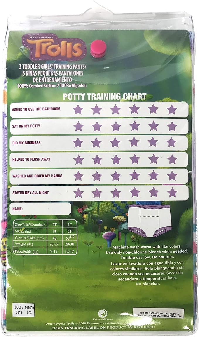 Trolls 3-Pack Padded Potty Training Pants with Poppy & Branch, Includes Success Chart & Stickers