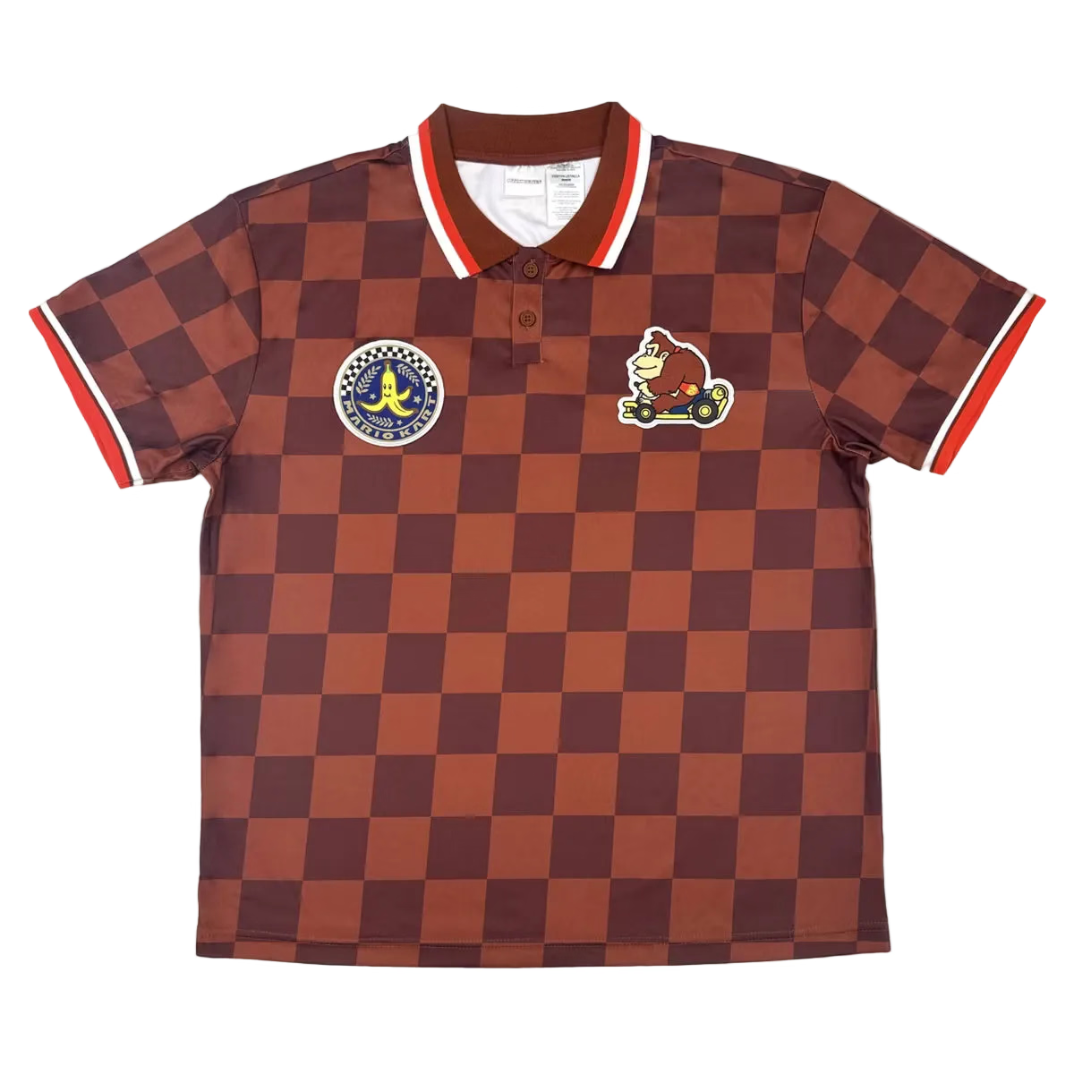 Mario Kart Donkey Kong Checkered Sport Polo Shirt, Adult Short-Sleeve Athletic Jersey Polo with Embroidered Patches, Brown