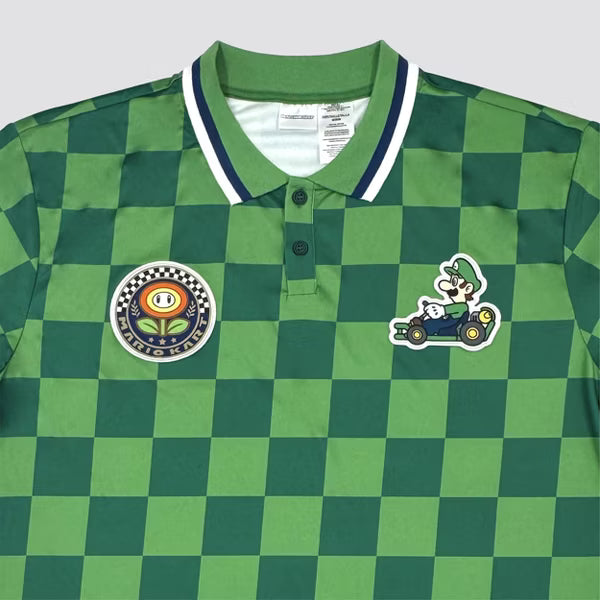 Mario Kart Luigi Checkered Sport Polo Shirt, Adult Short-Sleeve Athletic Jersey Polo with Embroidered Patches, Green