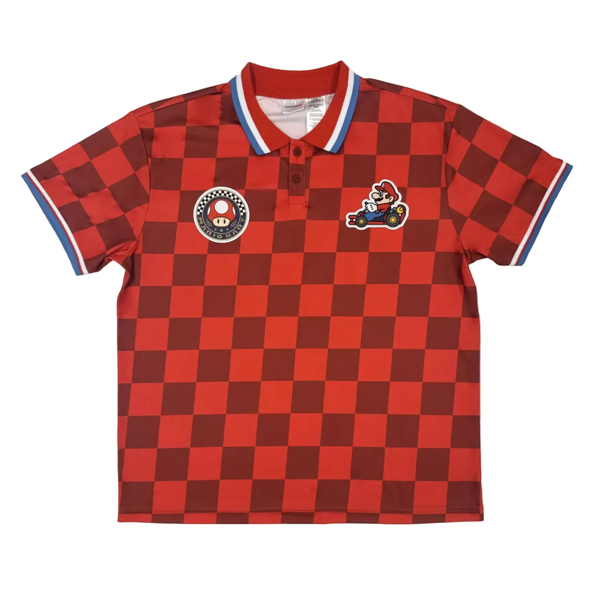 Mario Kart Mario Checkered Sport Polo Shirt, Adult Short-Sleeve Athletic Jersey Polo with Embroidered Patches, Red