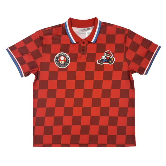 Mario Kart Mario Checkered Sport Polo Shirt, Adult Short-Sleeve Athletic Jersey Polo with Embroidered Patches, Red