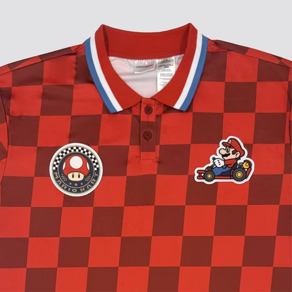 Mario Kart Mario Checkered Sport Polo Shirt, Adult Short-Sleeve Athletic Jersey Polo with Embroidered Patches, Red