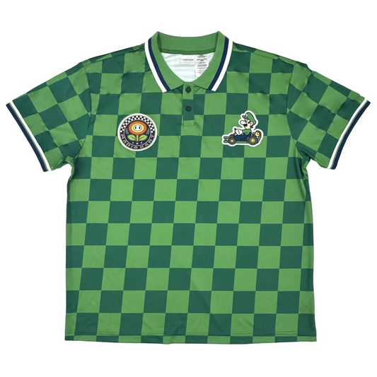 Mario Kart Luigi Checkered Sport Polo Shirt, Adult Short-Sleeve Athletic Jersey Polo with Embroidered Patches, Green