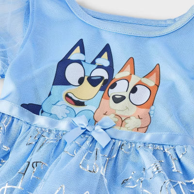 Bluey Girls' Short Sleeve Nightgown with Bluey and Bingo Graphic and Tulle Skirt, Light Blue, Toddler Sizes 3T 4T 5T