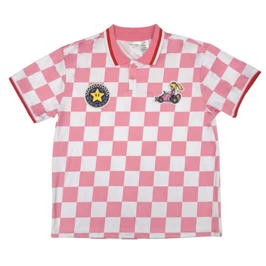 Mario Kart Princess Peach Checkered Sport Polo Shirt, Adult Short-Sleeve Athletic Jersey Polo with Embroidered Patches, Pink & White
