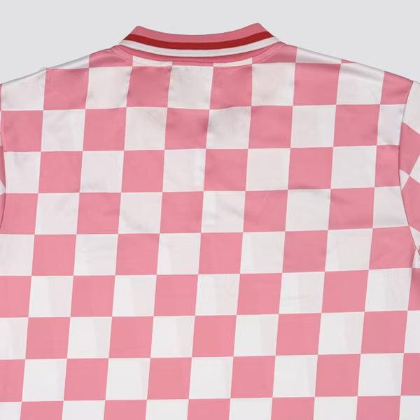 Mario Kart Princess Peach Checkered Sport Polo Shirt, Adult Short-Sleeve Athletic Jersey Polo with Embroidered Patches, Pink & White