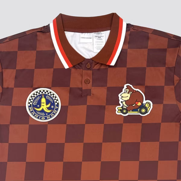 Mario Kart Donkey Kong Checkered Sport Polo Shirt, Adult Short-Sleeve Athletic Jersey Polo with Embroidered Patches, Brown