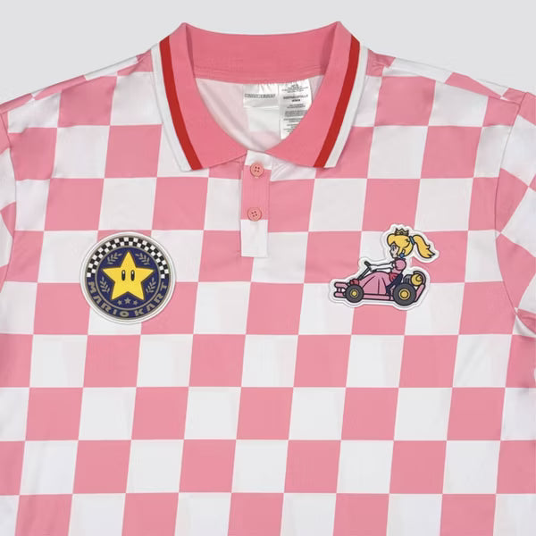 Mario Kart Princess Peach Checkered Sport Polo Shirt, Adult Short-Sleeve Athletic Jersey Polo with Embroidered Patches, Pink & White