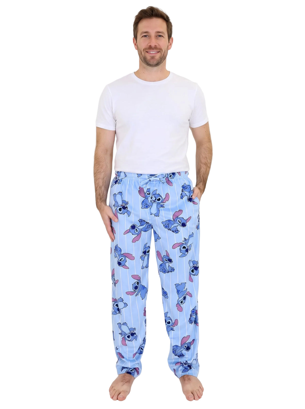 Disney Stitch Unisex Pajama Pants Light Blue Pinstripe Print Elastic Drawstring Waist Lounge Pants Adult Sizes S to XL Men and Women