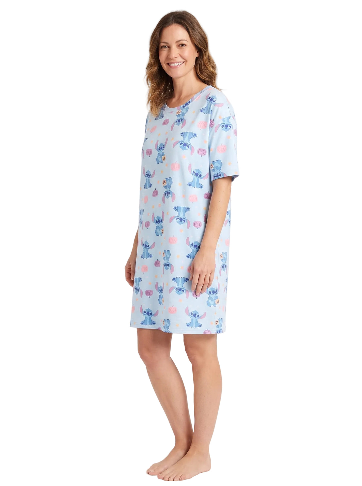 Disney Stitch Women's Nightgown Halloween Pumpkin Print Short Sleeve Sleep Shirt Dress Light Blue Sizes S to XL