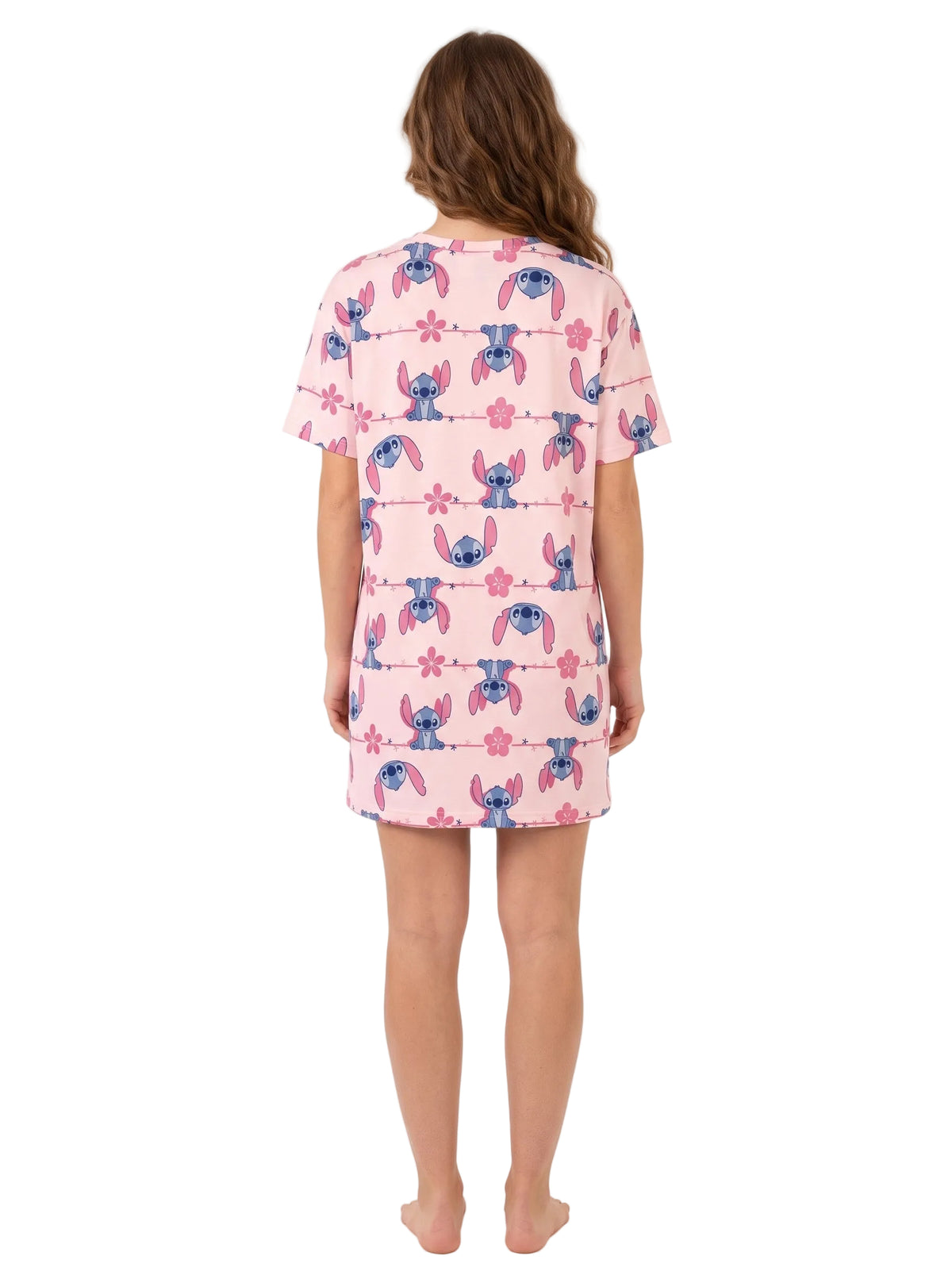 Disney Stitch Women's Short Sleeve Nightgown Pink All-Over Stitch and Blossom Print Crew Neck Sleep Shirt Sizes S to XL