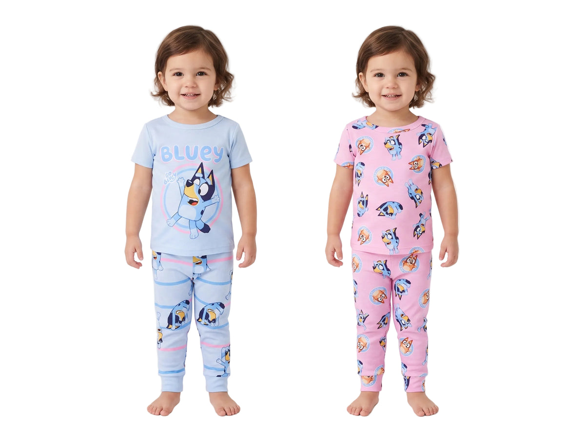 Bluey Toddler Girls 4-Piece Short Sleeve Pajama Set with Tops and Pants, Blue and Pink Character Print, Size 2T