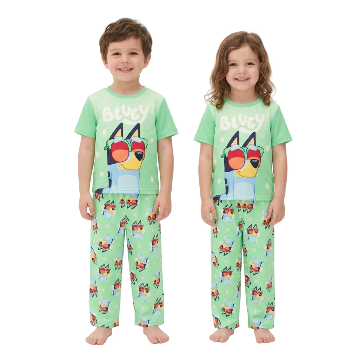 Bluey Kids Pajama Set Short Sleeve Top and Pants Green Sunglasses Graphic Unisex Sleepwear Sizes 2T and 4-10