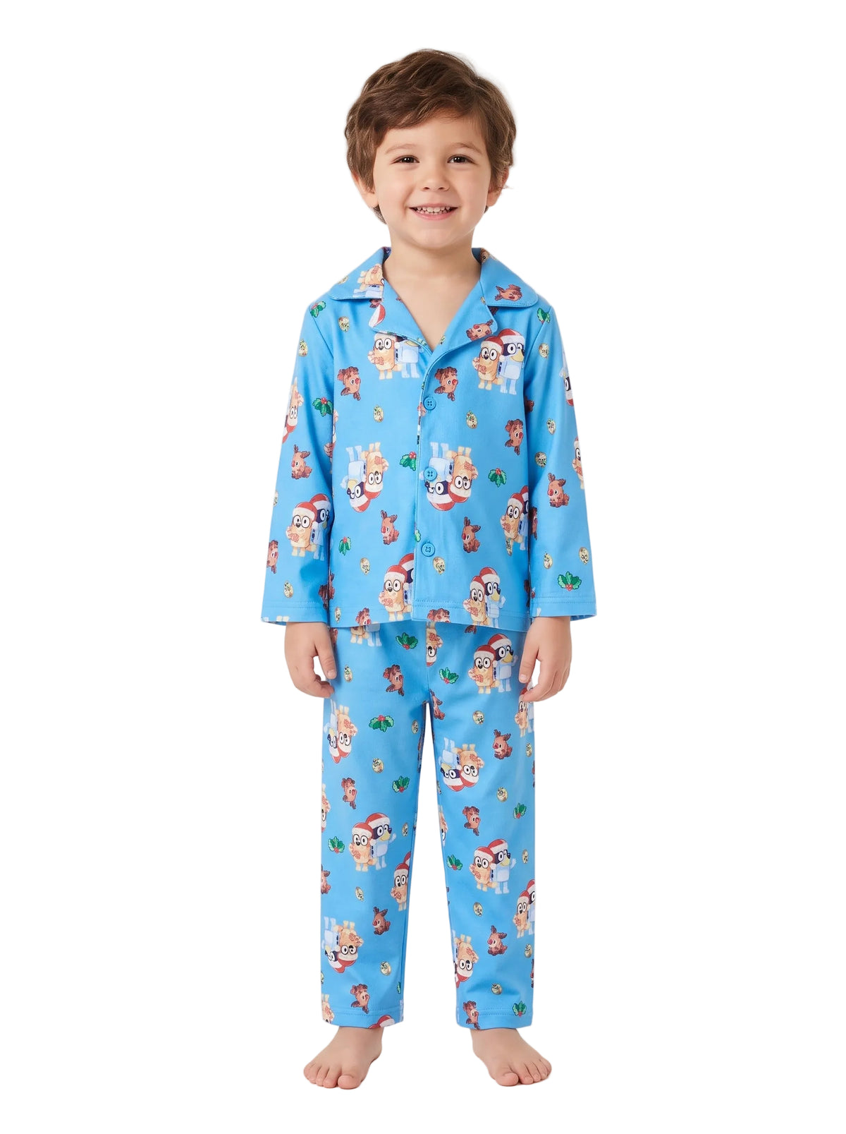 Bluey Kids Christmas Pajama Set Long Sleeve Button-Front Top and Elastic Waist Pants Blue Holiday Print Sleepwear Sizes 4-10