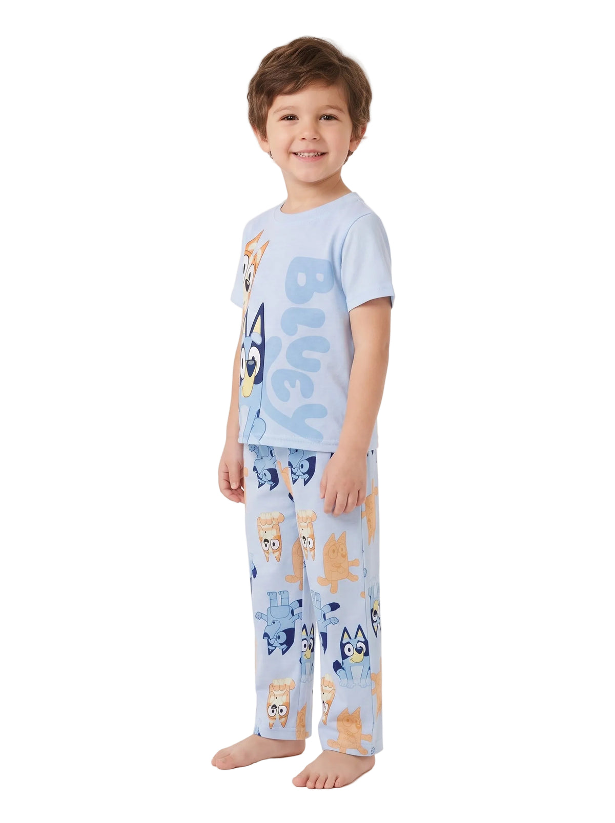 Bluey Toddler 2-Piece Pajama Set with Short Sleeve Tee and Pull-On Pants in Light Blue with Bluey and Bingo Print, Sizes 2T-4T