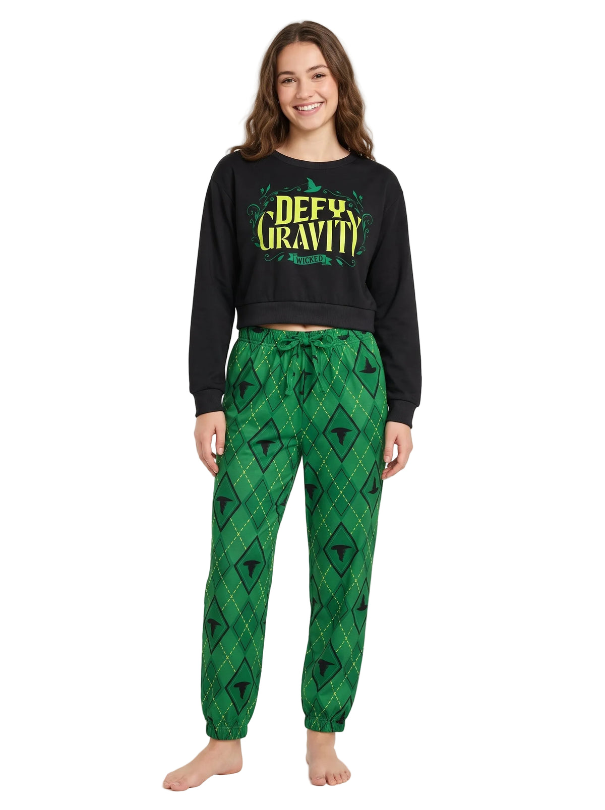 Wicked Defy Gravity Women's Pajama Set Black Long Sleeve Cropped Top and Green Argyle Jogger Pants Sizes S-XL