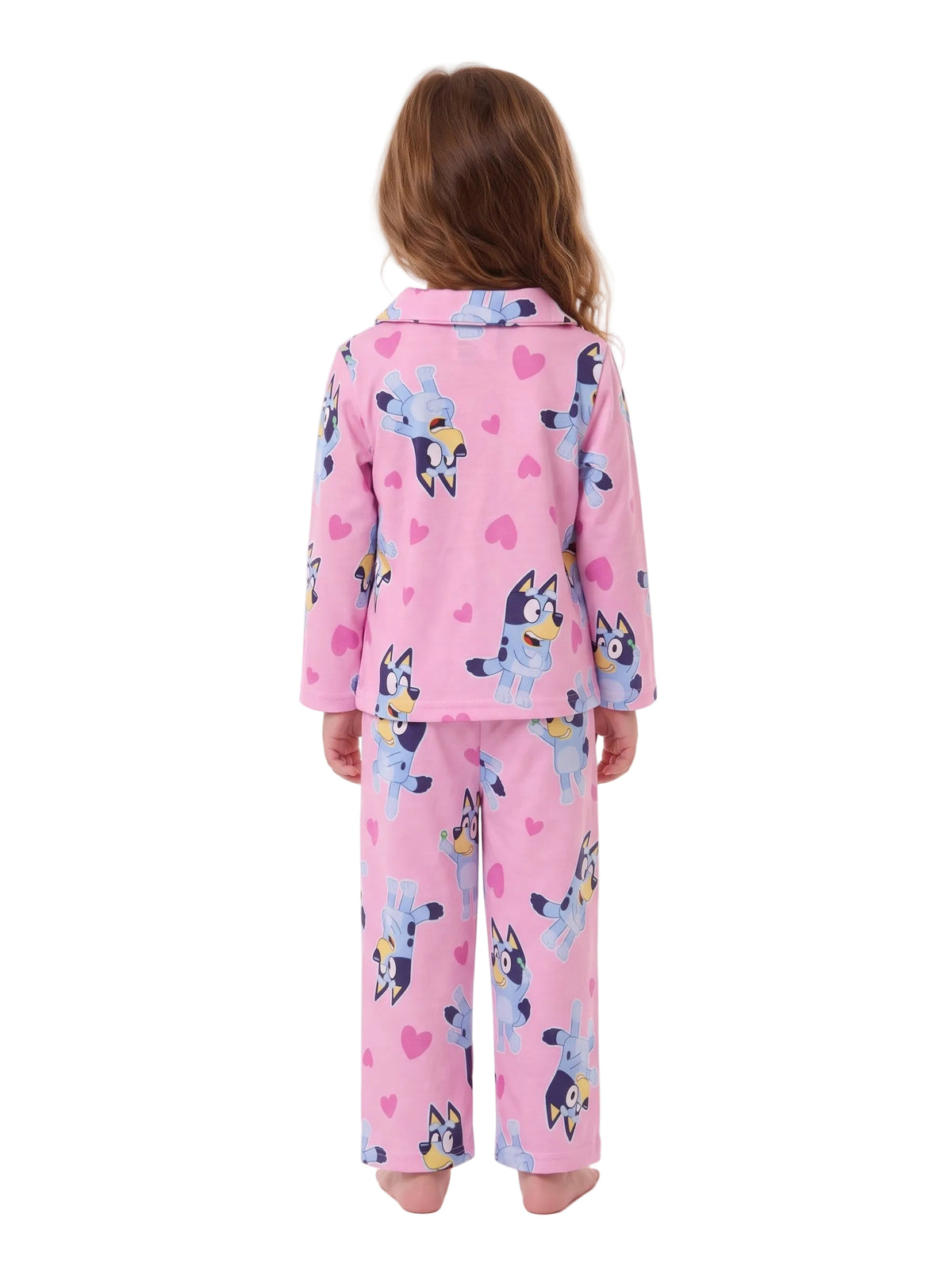 Bluey Girls Toddler Pajama Set Pink Button-Up Top and Pants Hearts Print Long Sleeve Coat Style Sleepwear Size 2T-4T