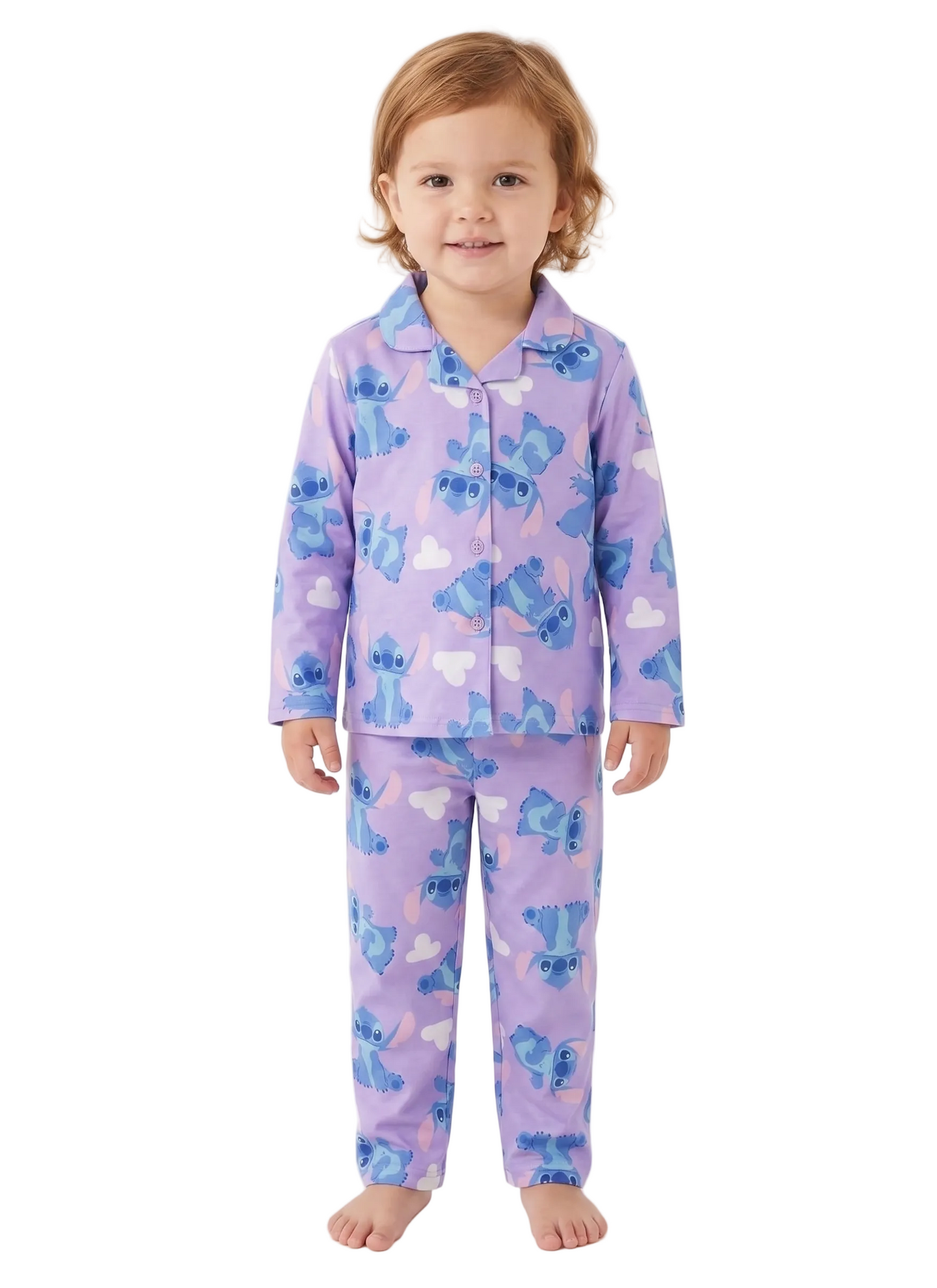 Disney Stitch Girls 2-Piece Button-Down Pajama Set, Long Sleeve Coat Front Shirt and Matching Pants, Lavender Purple