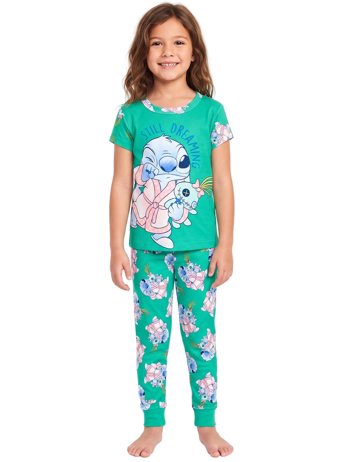 Disney Lilo & Stitch Still Dreaming Short Sleeve Top and Pants Pajama Set for Toddler Kids, Green, Size 4T