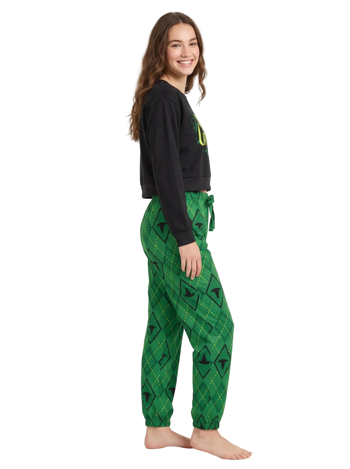 Wicked Defy Gravity Women's Pajama Set Black Long Sleeve Cropped Top and Green Argyle Jogger Pants Sizes S-XL