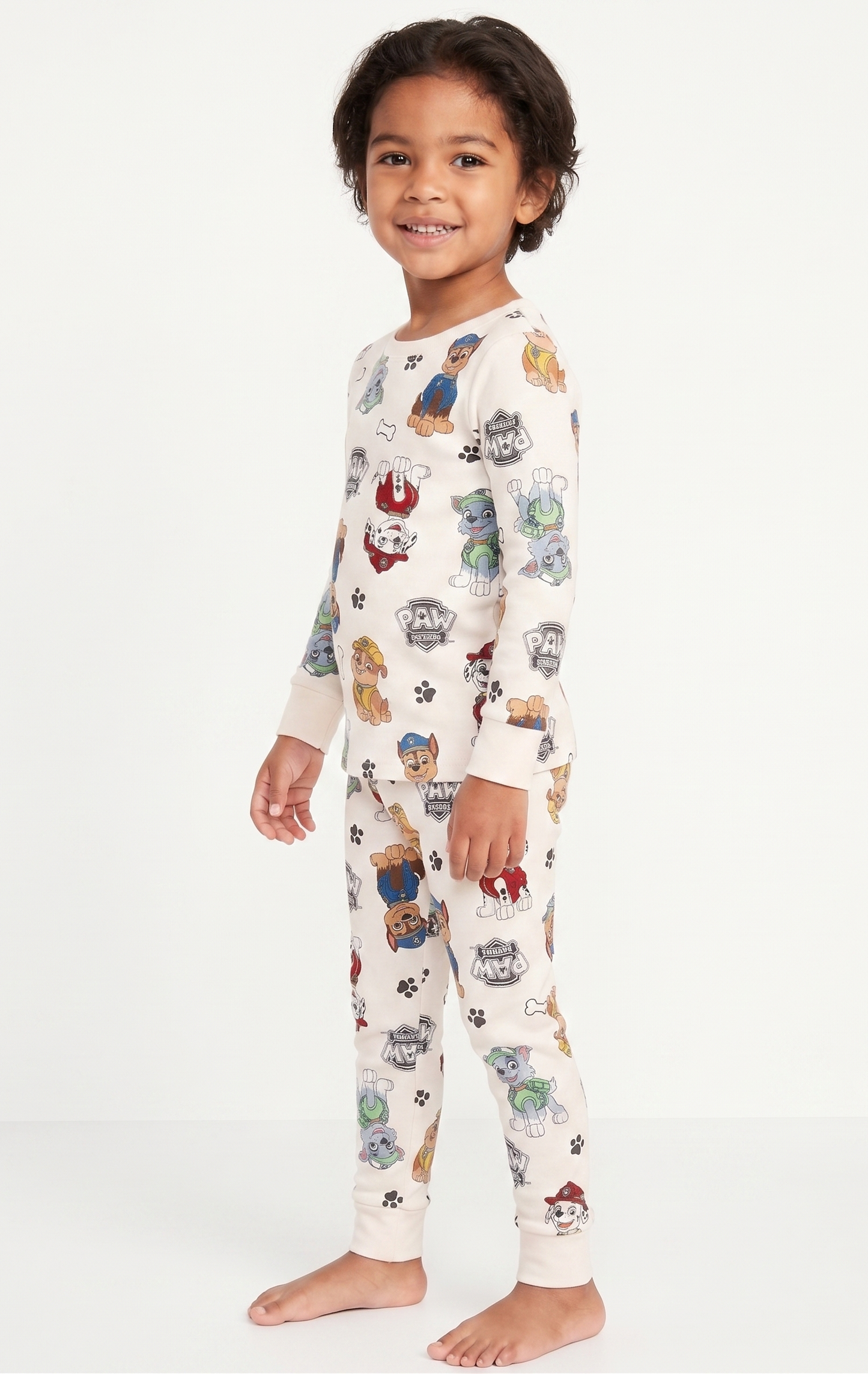 Paw Patrol Unisex 2-Piece Cotton Pajama Set, Long Sleeve Chase Marshall Rubble and Rocky All-Over Print Top and Pants, Cream