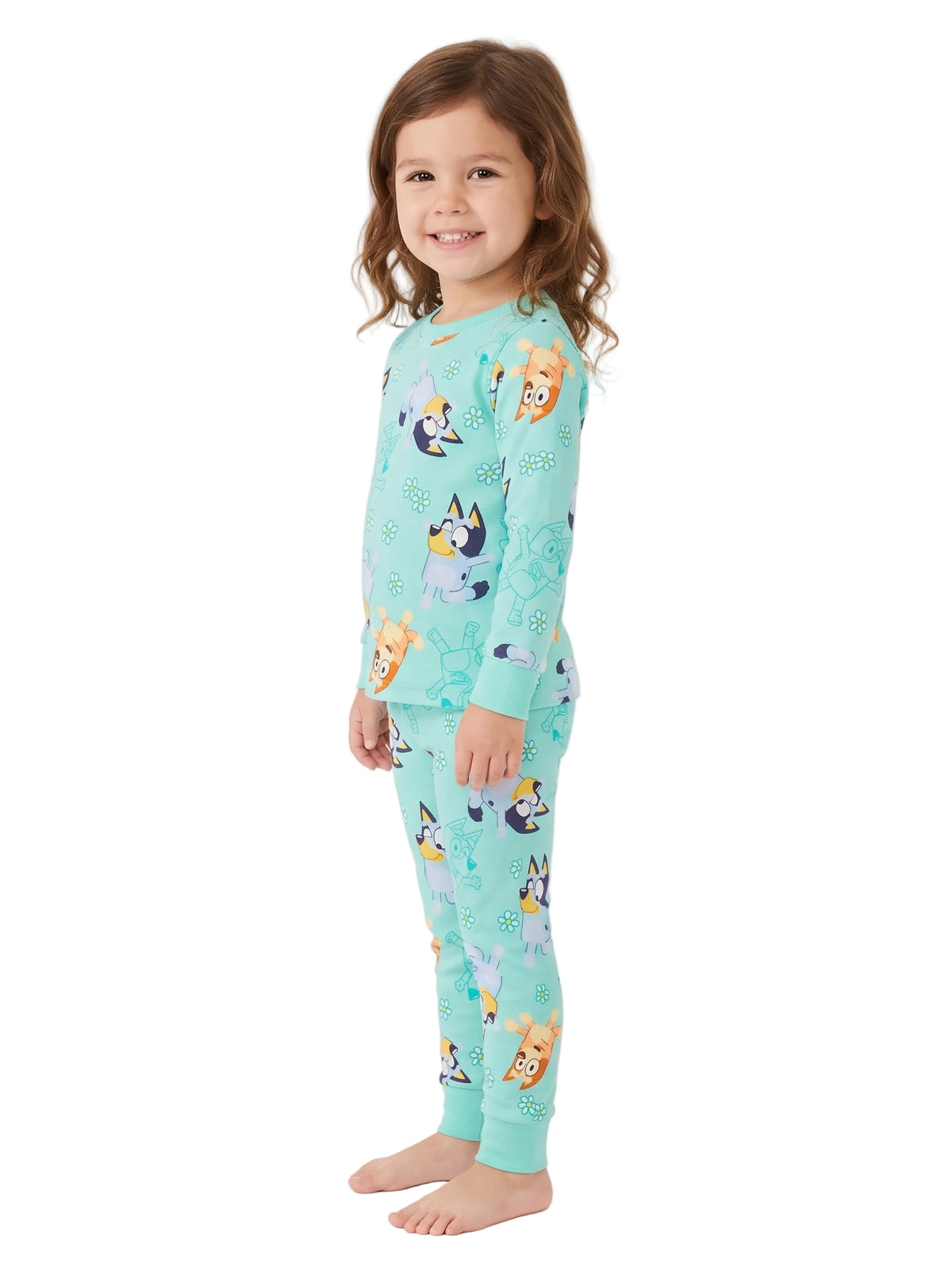 Bluey Toddler Girls Two-Piece Pajama Set Long Sleeve Top and Pants Aqua Floral Character Print Size 3T
